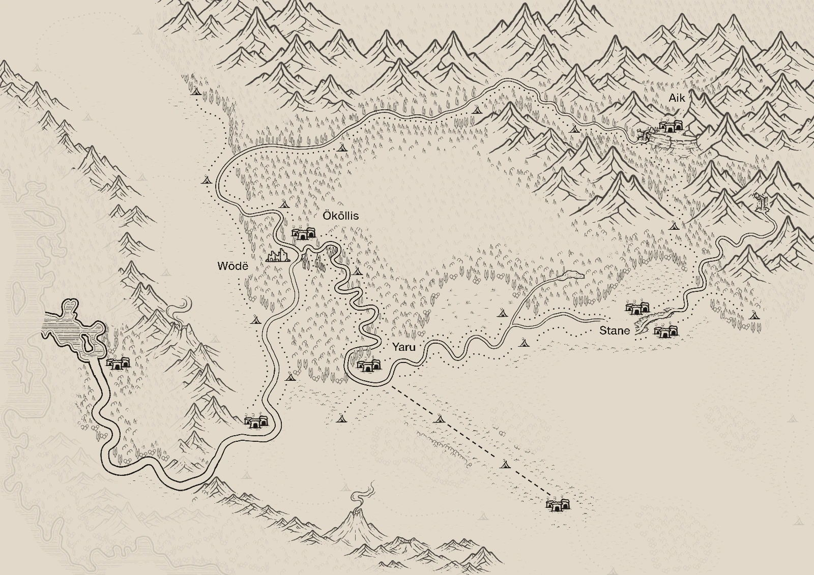 Tarem’s known world: settlements and seasonal routes follow rivers between wooded mountains; unfamiliar country fades from view.